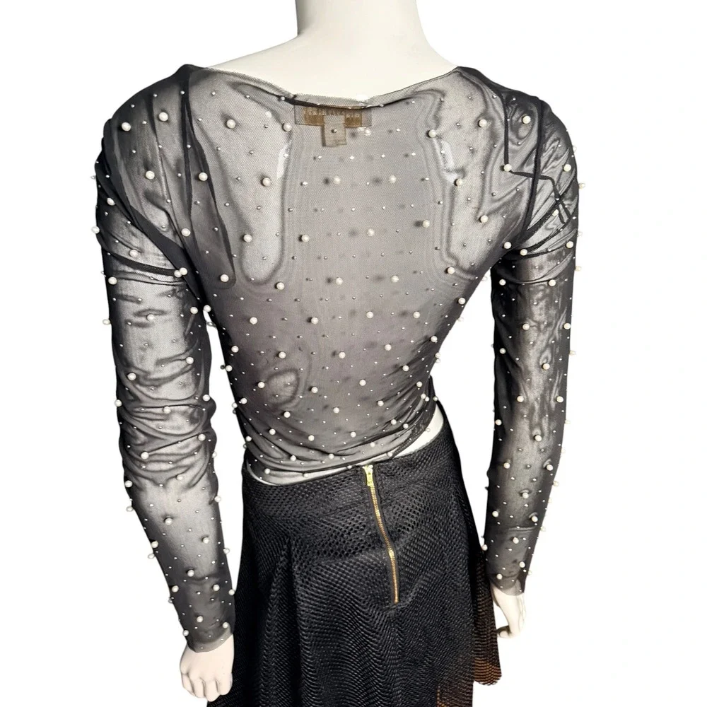 Thirty/Thirty LA Womens Black Sheer Mesh Pearl Embellished Crop Top Large - Picture 5 of 7